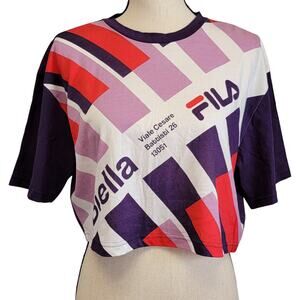 Fila Michi Tshirt Womens Sz M Purple Red Biella Italia Graphic Crop Short Sleeve